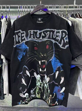 跨境Life Hustlers 街头复古黑豹印花烫钻字母宽松休闲短袖T恤