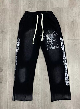 Lost intricacy美式洗水做旧烫钻字母小众潮牌秋冬新款休闲长裤潮