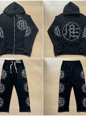 MIXED EMOTION美潮烫钻logo高街宽松开衫连帽外套休闲长裤套装