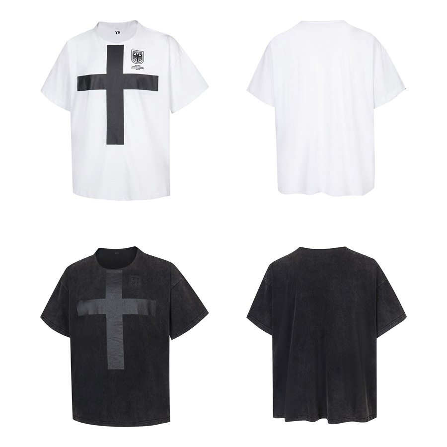 KAYE侃爷VULTURES演唱会限定无领设计水洗十字架印花短袖T恤 男女