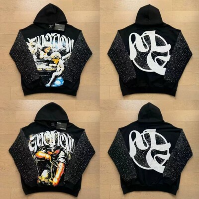 美潮街头天使印花烫钻连帽卫衣