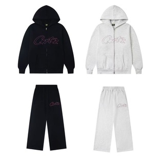Corteiz恶魔岛刺绣字母开衫加绒连帽卫衣男女宽松长裤休闲套装