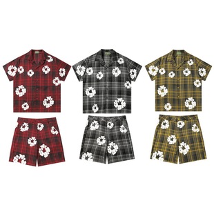 DENIM TEARS新款木棉花印花美潮格子休闲短袖衬衫潮流短裤套装ins