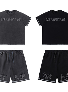 trapstar夏季美潮高街做旧水洗刺绣字母宽松短袖T恤休闲短裤套装