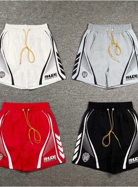 RHUDE美式嘻哈刺绣字母LOGO运动五分裤男女宽松抽绳薄款休闲短裤