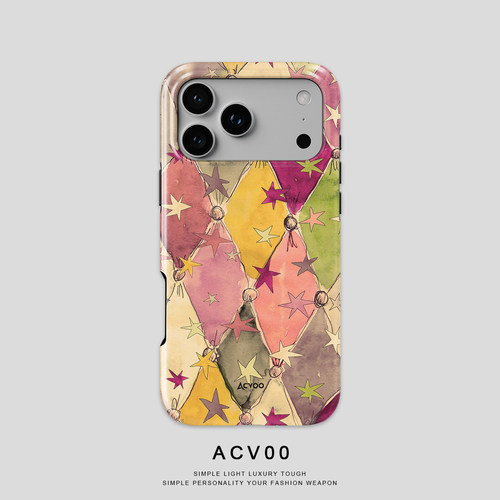 Acvoo童趣手绘菱格星星马戏彩帐iPhone17Promax保护16适用于苹果15手机壳14防摔壳13不褪色12可水洗全包