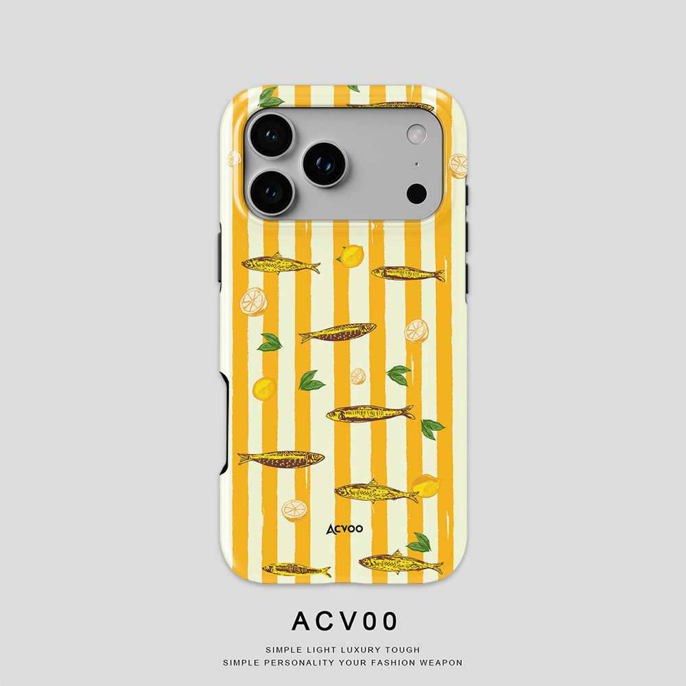 Acvoo柠檬黄白条纹沙丁鱼海洋趣味iPhone18ProMax保护17适用于16苹果15手机壳14防摔壳13不褪色12环保Air全包