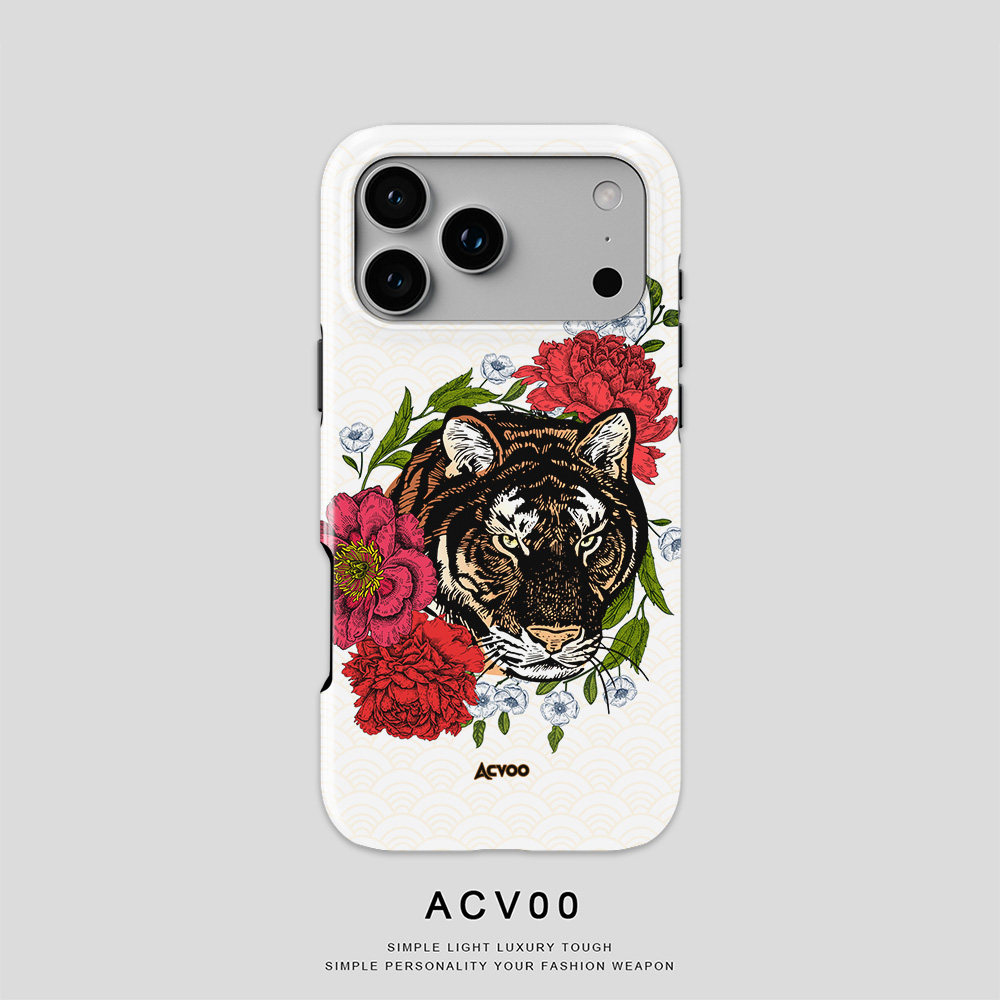 Acvoo老虎与花卉东方力量与美iPhone17Promax保护16适用于苹果15手机壳14防摔壳13不褪色12环保可水洗Air全包