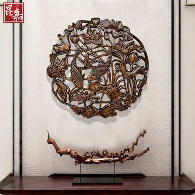 东阳木雕挂件香樟木圆形实木镂空雕刻中式仿古客厅玄关背景墙壁挂