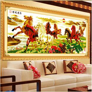 已装裱带框架纯手工绣好的十字绣成品马到成功八骏图大幅客厅挂画