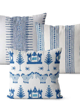 中式复古棉麻沙发抱枕双面图案青花蓝色大靠垫床头汽车办公室腰靠