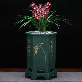 紫砂兰花盆专用精品四方六角老桩桌面绿植发财树盆景盆包邮带底座