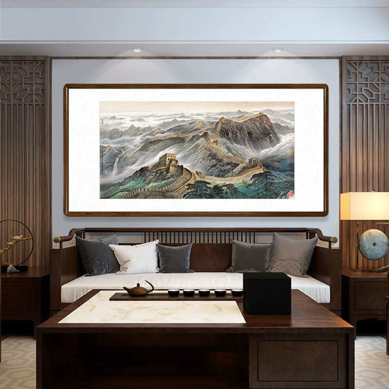 万里长城国画山水画公司办公室墙面装饰画靠山图酒店聚财横版挂