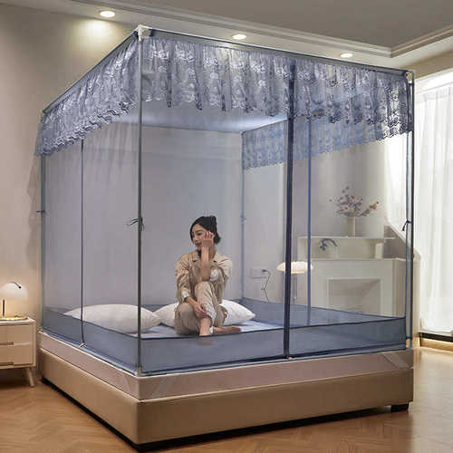 2024新款防摔蚊帐带风扇加密加厚三开门全底拉链纹账子床笠式家用