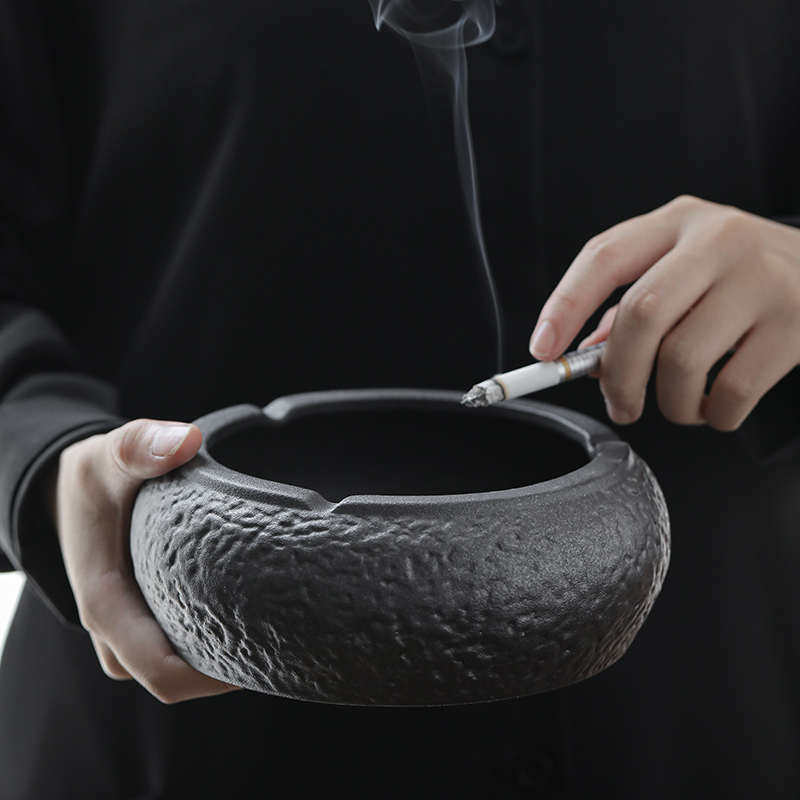 日式粗陶复古烟灰缸家用办公防风防灰陶瓷创意茶桌茶几个性大姻缸
