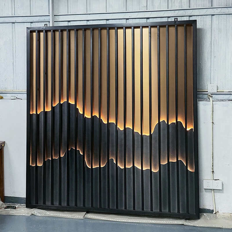 户外不锈钢山水屏风假山背景墙酒店金属格栅墙别墅庭院玄关影壁