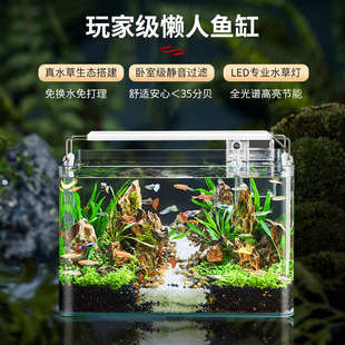 鱼缸造景全套热弯玻璃缸客厅小型桌面免换水生态草缸迷你金鱼缸