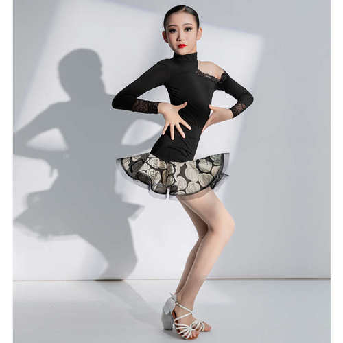 拉丁舞服装女童专业练功训练表演服少儿舞蹈标准练习演出长袖露肩
