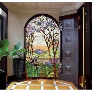 钢化艺术玻璃电视背景墙门风景欧式 透光芯隔断双面大气花香屏风