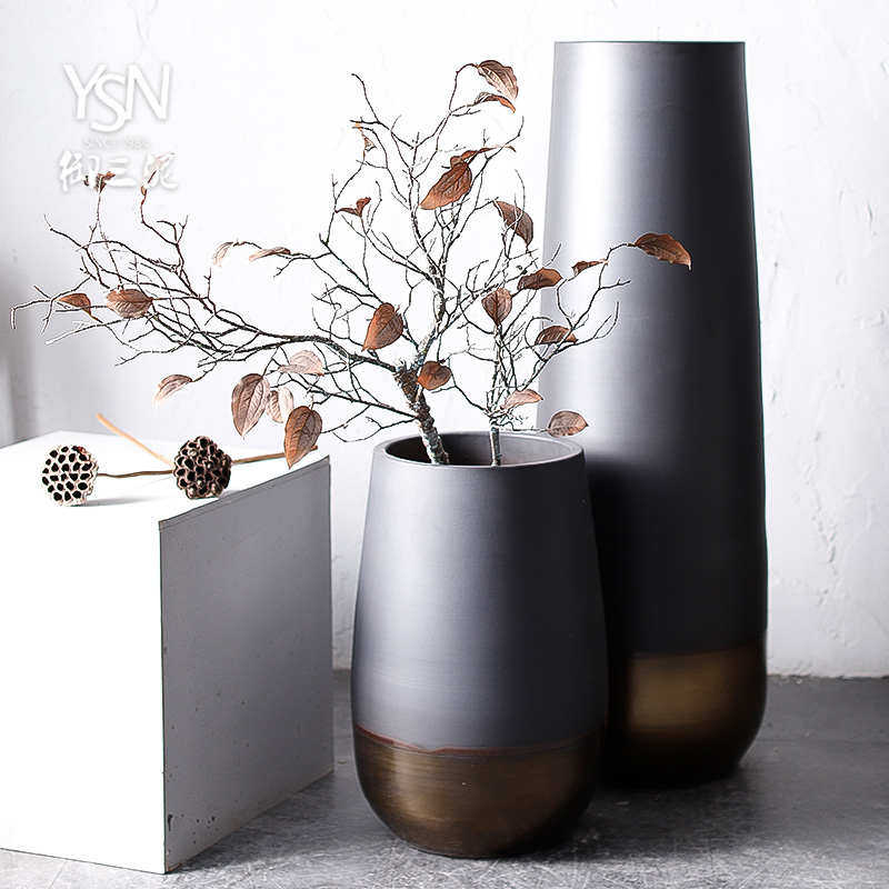 客厅摆件复古文艺陶瓷落地花瓶简约欧式现代干花炮筒陶罐大花盆