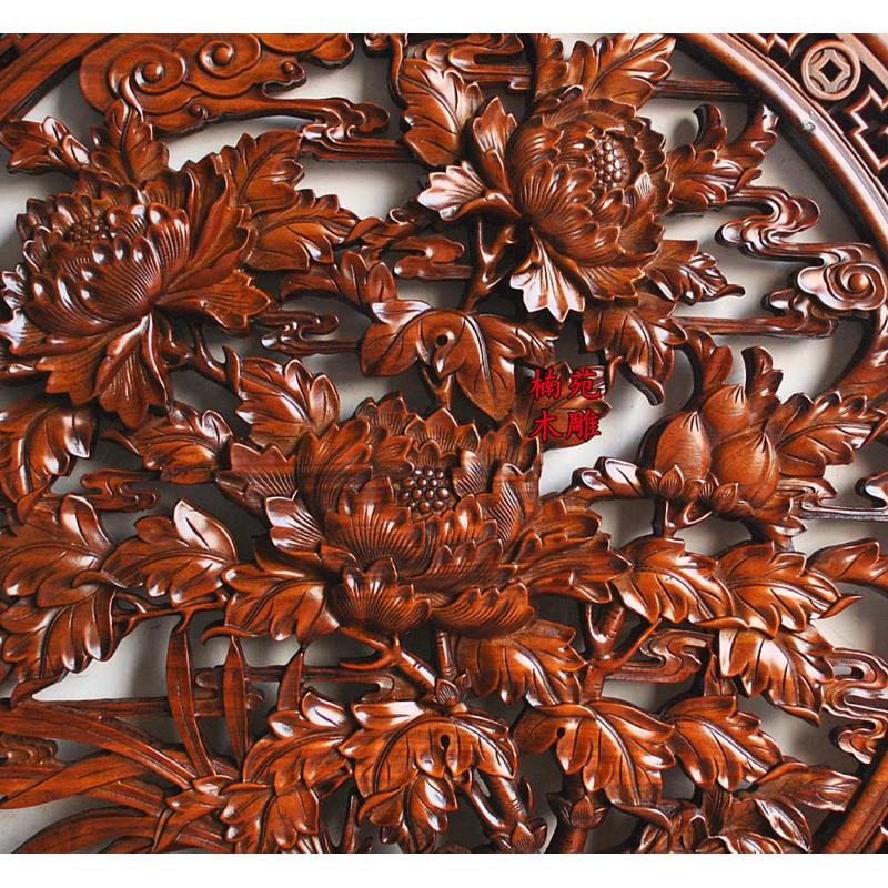 东阳木雕挂件圆形牡丹香樟木雕刻中式装饰画玄关客厅背景墙壁挂图片