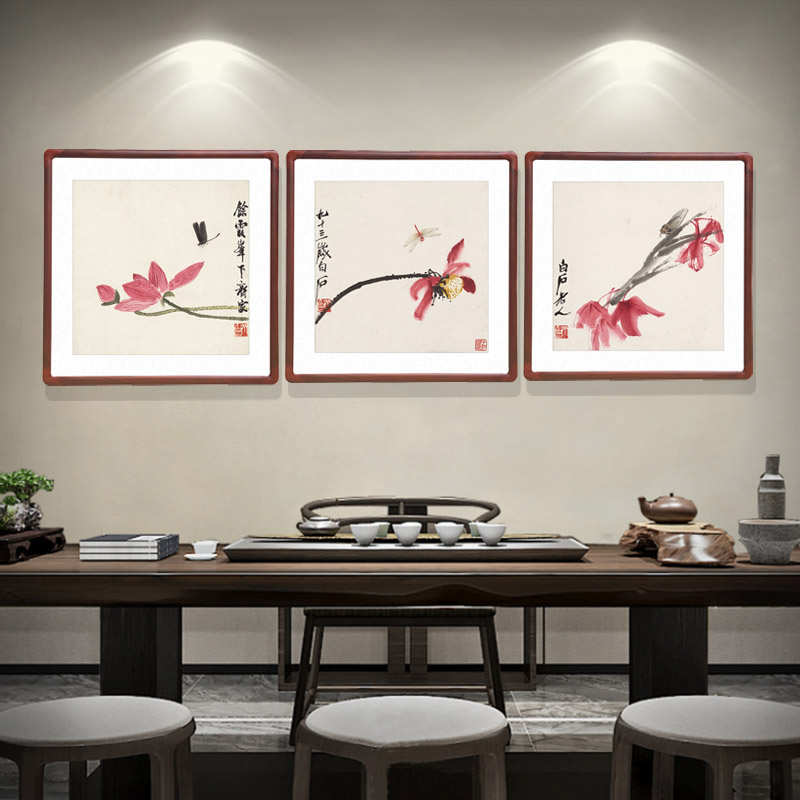 齐白石荷花装饰画斗方水墨画客厅沙发背景墙挂画餐厅走廊过道壁图片