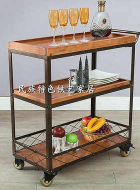 复古实木铁艺餐车酒店KTV酒水车可移动家用厨房置物架餐厅手推车