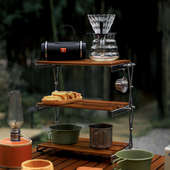 户外露营桌面折叠置物架实木野营便携式 多层野营多功能野餐收纳架