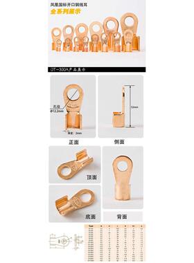 展握牌纯紫铜国标开口鼻300A铜线耳 铜线鼻子 铜接线端子包邮20只