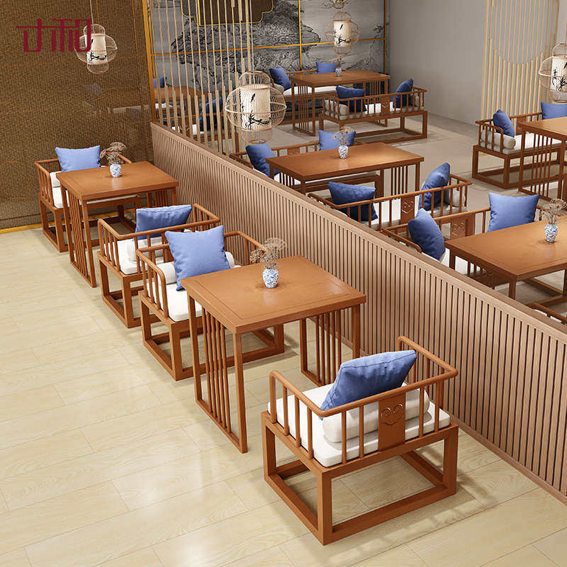 国潮茶楼餐饮饭店茶楼卡座沙发实木桌椅新中式铁艺咖啡厅酒馆酒吧