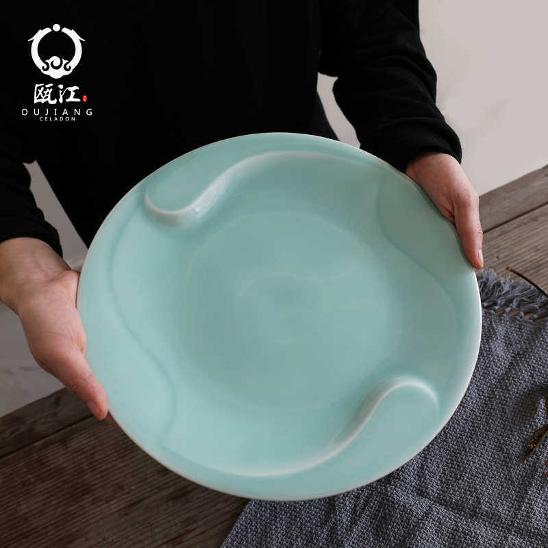 瓯江龙泉青瓷6-12寸金牛盘中式陶瓷餐盘点心盘家用菜碟骨碟 清