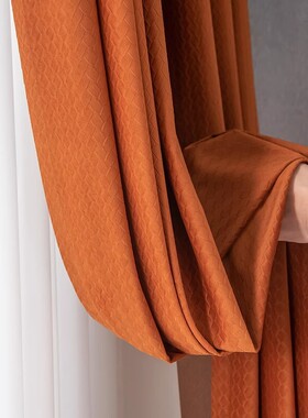 麦穗纹理南瓜橙色丝绒窗帘绒布2025新款客厅卧室轻奢简约加厚布料