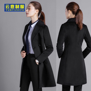 售楼部案场女款双排扣毛呢大衣女中长款黑色通勤导购工作服秋冬季