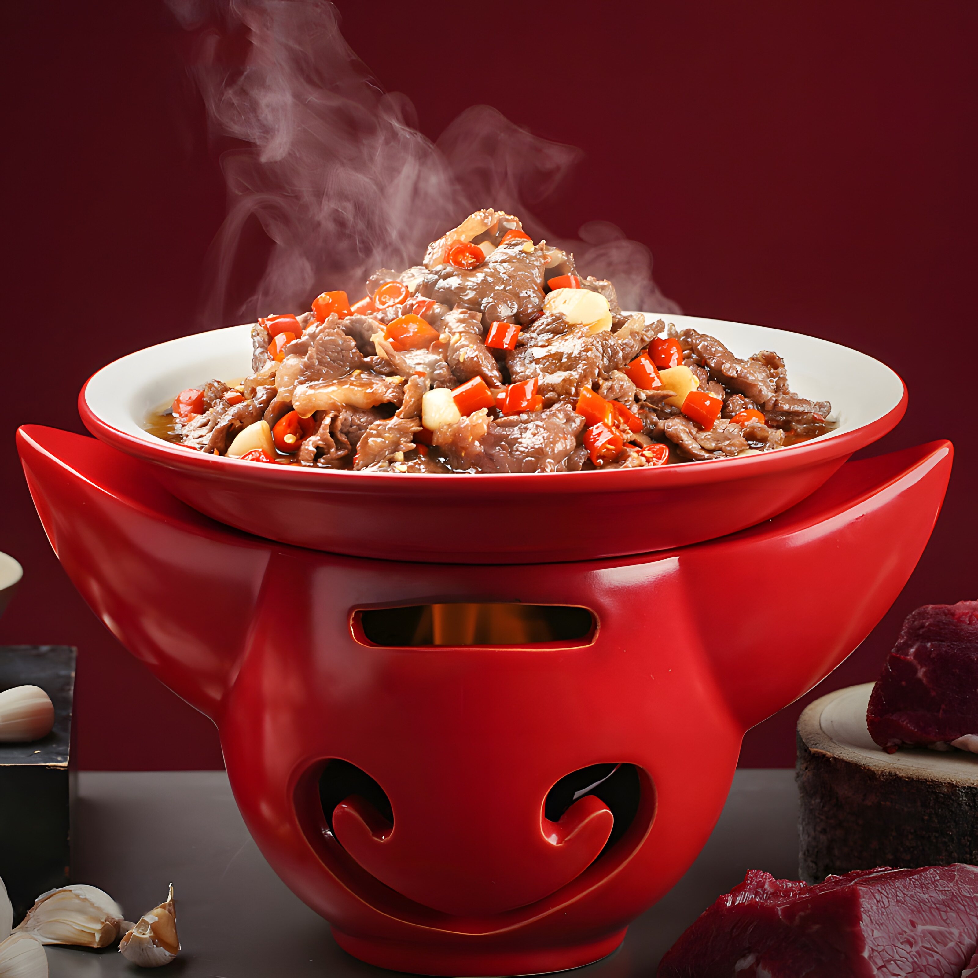 红色小炒黄牛肉辣椒炒肉盘子酒精加热餐具干锅炉家用牛形意境餐盘