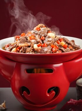 红色小炒黄牛肉辣椒炒肉盘子酒精加热餐具干锅炉家用牛形意境餐盘