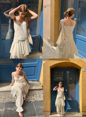 KERNEL COSMOS 切法卢古堡 法式重工镂空提花吊带荷叶边短裙套装