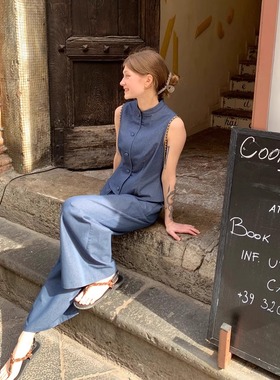 KERNEL COSMOS风屋杂志社 度假老钱风无袖修身牛仔上衣阔腿裤套装