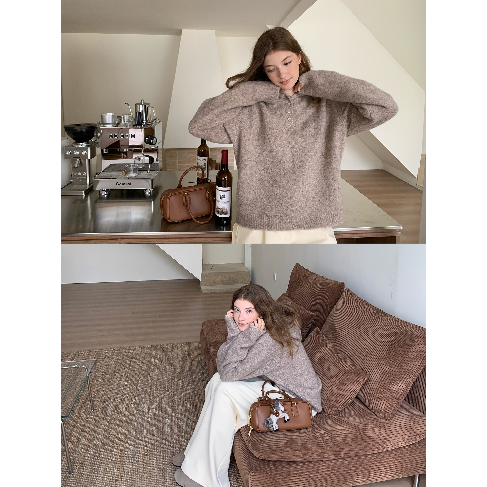 果核宇宙慵懒羊驼毛连帽套头毛衣