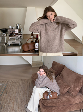 KERNEL COSMOS洋梨栗子卷 秋冬慵懒柔雾感羊驼毛连帽系扣套头毛衣