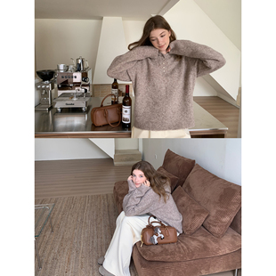 KERNEL COSMOS洋梨栗子卷 秋冬慵懒柔雾感羊驼毛连帽系扣套头毛衣