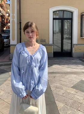 KERNEL COSMOS海岛记忆 浅春艺术系重工立体手工花木耳边系带上衣