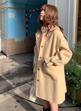 KERNEL COSMOS弗里堡晨光 100%高支澳毛连帽中长款牛角扣手工大衣