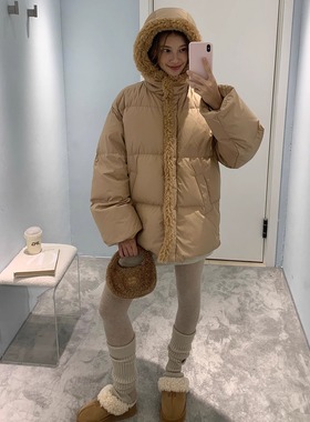 KERNEL COSMOS 拥抱小熊 暖糯拼接羊羔毛零压云朵感中长款羽绒服