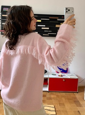 KERNEL COSMOS粉雾糖霜 慵懒设计感后背流苏甜美宽松羊毛针织毛衣