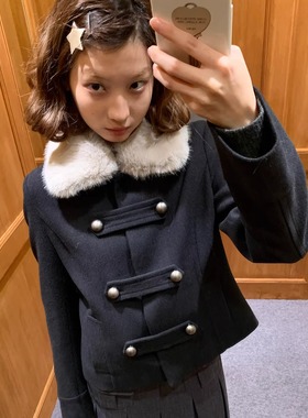 KERNEL COSMOS伯克利冬日 冬季复古双排扣毛领拿破仑撞色短外套