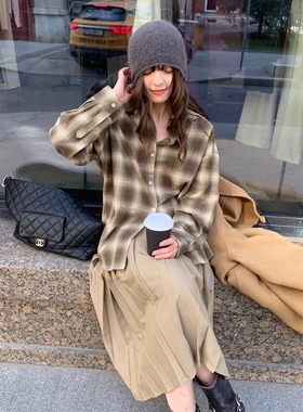 KERNEL COSMOS 焦糖茶卡士 秋季复古朦胧格休闲纯棉翻领长袖衬衫