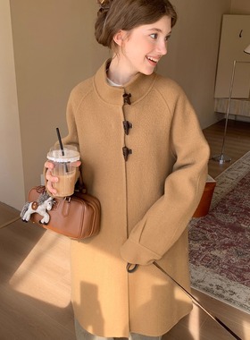 KERNEL COSMOS金秋麦冬茶 全羊毛高级廓形立领牛角扣气质手工大衣