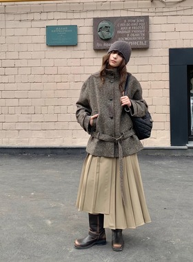 KERNEL COSMOS芬兰咖啡馆 中古杂色立领复古腰带廓形感羊毛呢外套
