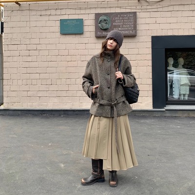 果核宇宙中古杂色立领腰带外套