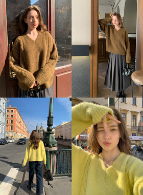 KERNEL COSMOS  波特兰秋日 浓郁复古V领纽花慵懒羊毛毛衣